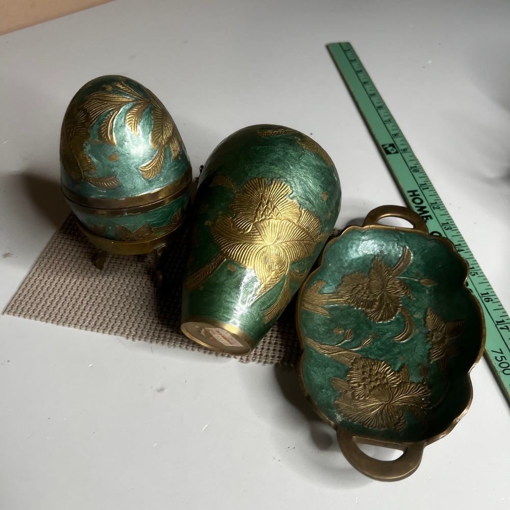 Vintage Brass Green Enamel Floral Set Egg Trinket Box Vase and Scalloped Tray